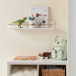 Kids' Wall Shelf White With Gold - Pillowfort™: Floating Decorative MDF Wall Organizer, 24" Wide