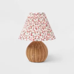 Round Faux Rattan Kids' Lamp With Pleated Floral Shade - Pillowfort™