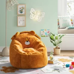 Kids' Lion Bean Bag Brown - Pillowfort™: Upholstered Chair For Kids 3-9, Indoor Animal Pattern, Polystyrene Beads