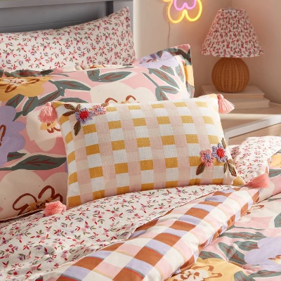 Checkered With Flower Embroidery Kids' Decorative Pillow - Pillowfort™ 1 Checkered With Flower Embroidery Kids' Decorative Pillow - Pillowfort™